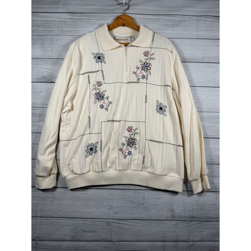 Alfred Dunner Woman 2X Ivory Floral Embroidered Quarter Zip Pullover 4046
